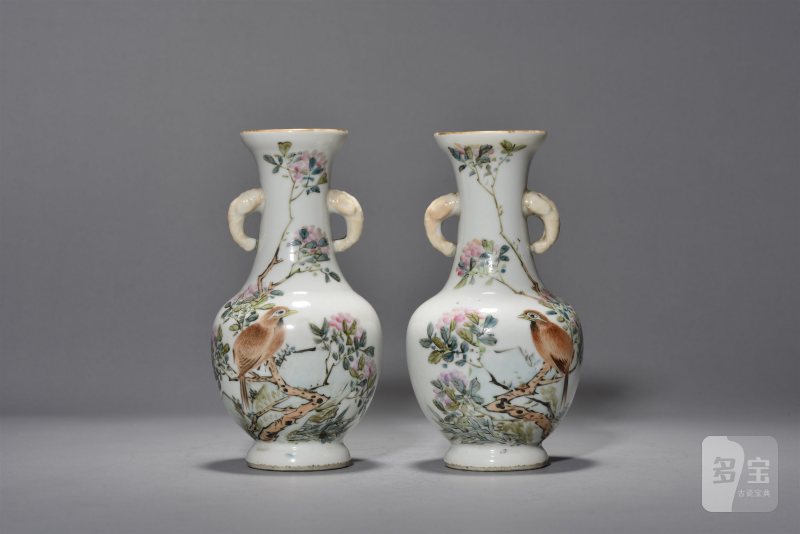 清光绪 许品衡浅绛彩花鸟象耳瓶一对 - 图2